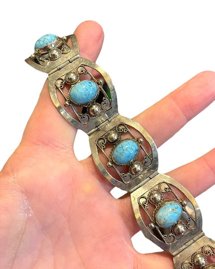Vintage 1960s Turquois stone  Alpaca silver bangle link bracelet Mexico