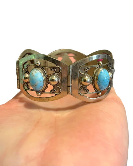 Vintage 1960s Turquois stone  Alpaca silver bangle link bracelet Mexico