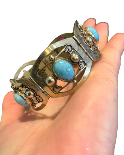 Vintage 1960s Turquois stone  Alpaca silver bangle link bracelet Mexico