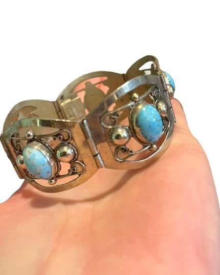 Vintage 1960s Turquois stone  Alpaca silver bangle link bracelet Mexico