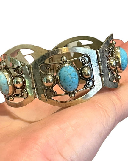 Vintage 1960s Turquois stone  Alpaca silver bangle link bracelet Mexico