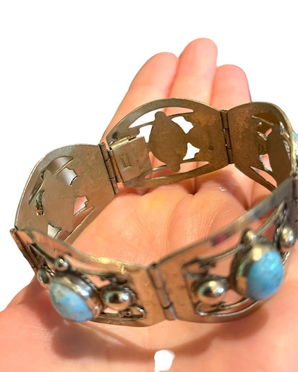 Vintage 1960s Turquois stone  Alpaca silver bangle link bracelet Mexico
