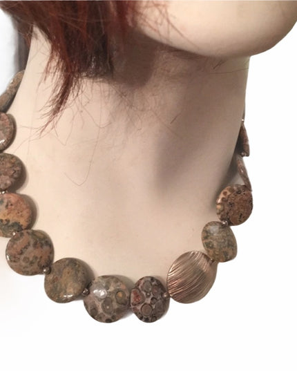 16” Leopard skin Jasper stone fancy disk heavy necklace