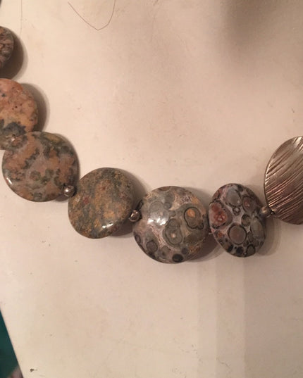 16” Leopard skin Jasper stone fancy disk heavy necklace