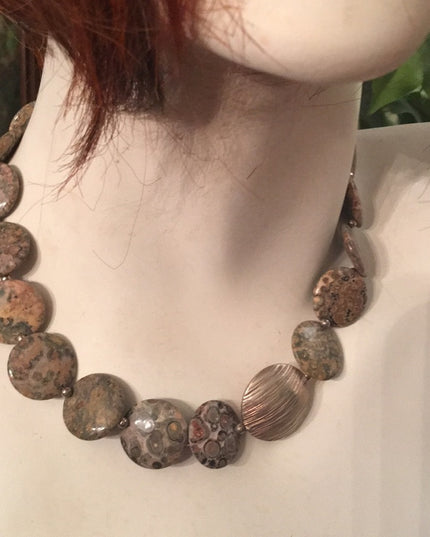 16” Leopard skin Jasper stone fancy disk heavy necklace