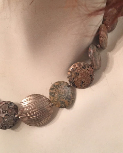 16” Leopard skin Jasper stone fancy disk heavy necklace
