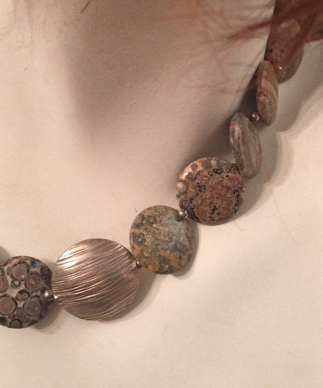 16” Leopard skin Jasper stone fancy disk heavy necklace