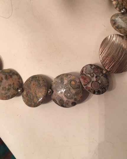 16” Leopard skin Jasper stone fancy disk heavy necklace