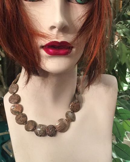 16” Leopard skin Jasper stone fancy disk heavy necklace