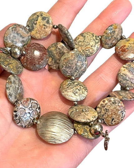 16” Leopard skin Jasper stone fancy disk heavy necklace