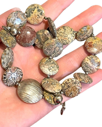 16” Leopard skin Jasper stone fancy disk heavy necklace
