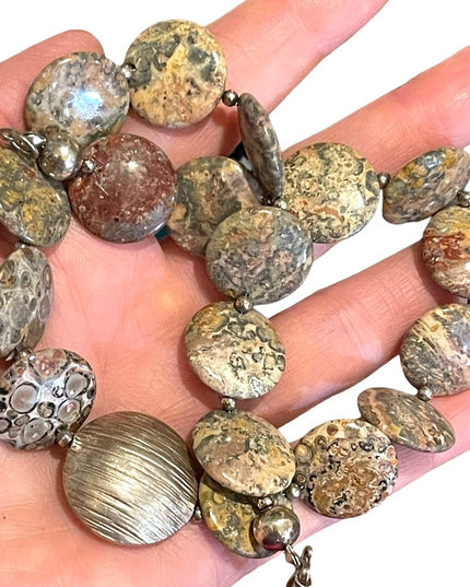 16” Leopard skin Jasper stone fancy disk heavy necklace