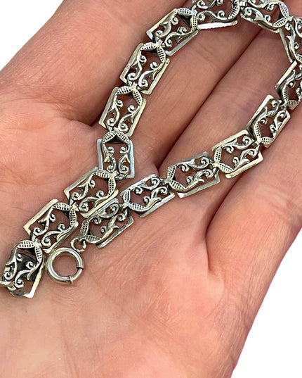 Vintage 1960s Danecraft Sterling silver 925 Etched fancy link bracelet