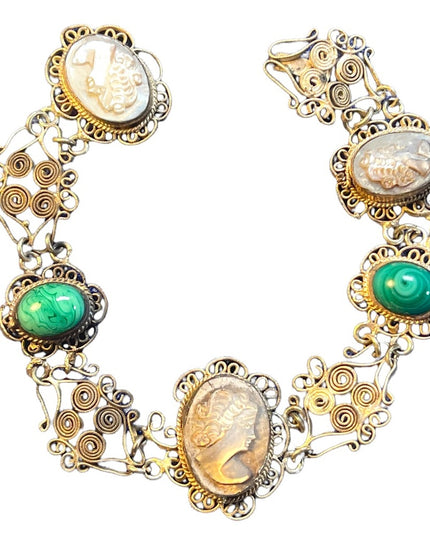 Antique Abalone Cameo Wire work Filagree Green Murano glass Italy Bracelet