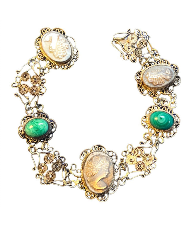 Antique Abalone Cameo Wire work Filagree Green Murano glass Italy Bracelet