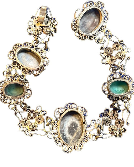 Antique Abalone Cameo Wire work Filagree Green Murano glass Italy Bracelet