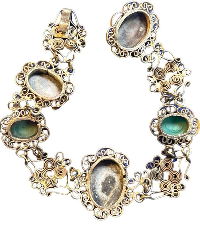 Antique Abalone Cameo Wire work Filagree Green Murano glass Italy Bracelet