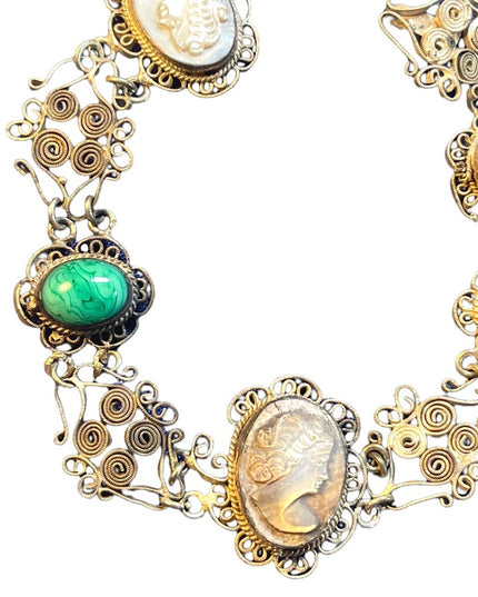 Antique Abalone Cameo Wire work Filagree Green Murano glass Italy Bracelet