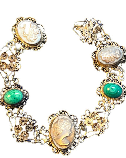 Antique Abalone Cameo Wire work Filagree Green Murano glass Italy Bracelet