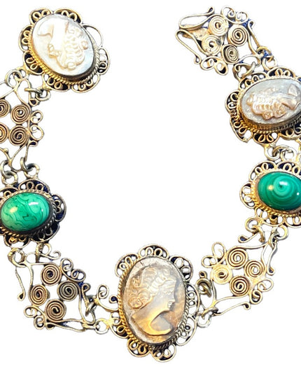 Antique Abalone Cameo Wire work Filagree Green Murano glass Italy Bracelet