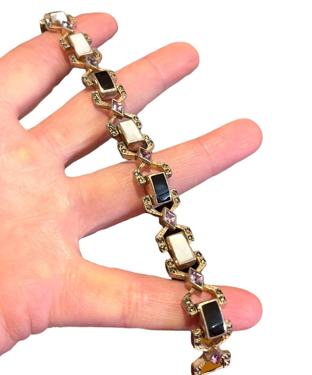 Vintage Sterling silver Marcasite Amethyst Mother of pearl Black Onyx bracelet