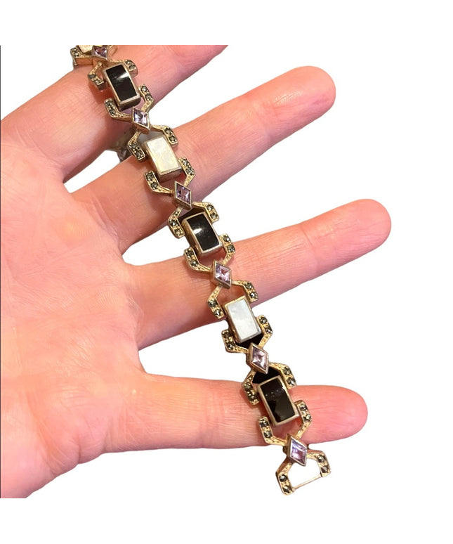Vintage Sterling silver Marcasite Amethyst Mother of pearl Black Onyx bracelet