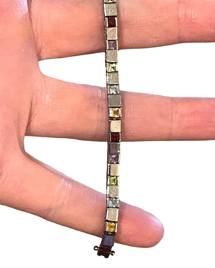 Vintage Multi Gemstone Sterling silver 925 Box chain tennis bracelet DBJ