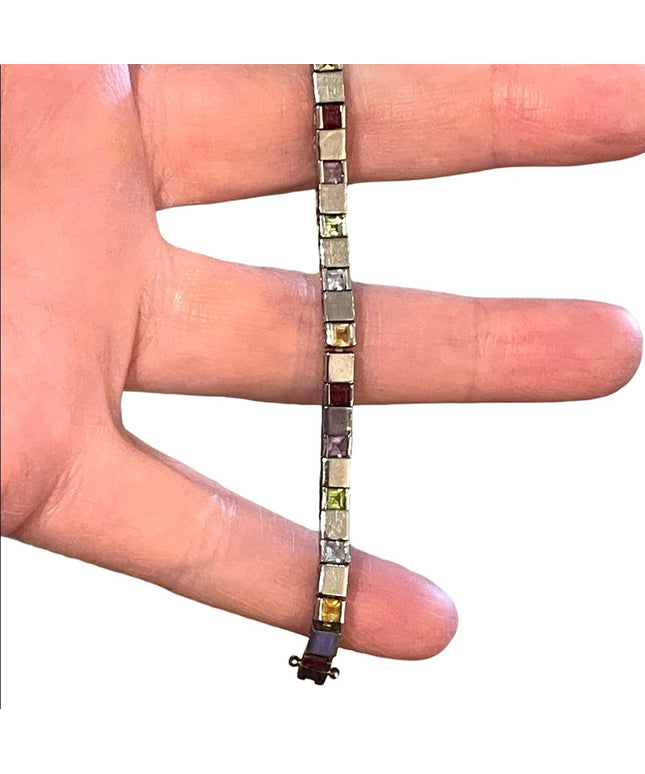 Vintage Multi Gemstone Sterling silver 925 Box chain tennis bracelet DBJ