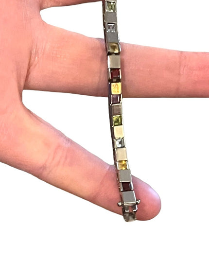 Vintage Multi Gemstone Sterling silver 925 Box chain tennis bracelet DBJ