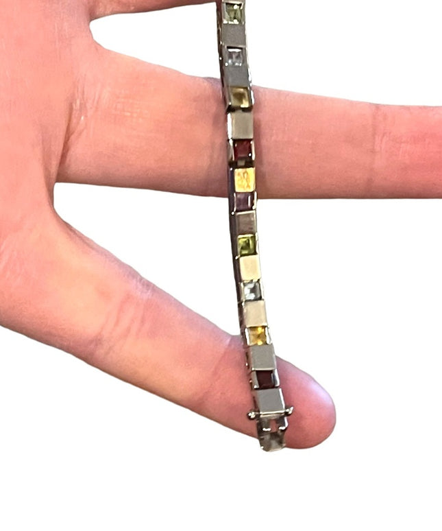 Vintage Multi Gemstone Sterling silver 925 Box chain tennis bracelet DBJ