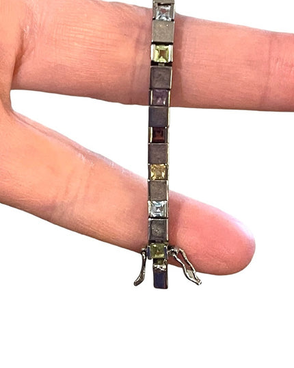 Vintage Multi Gemstone Sterling silver 925 Box chain tennis bracelet DBJ