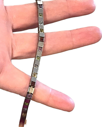 Vintage Multi Gemstone Sterling silver 925 Box chain tennis bracelet DBJ