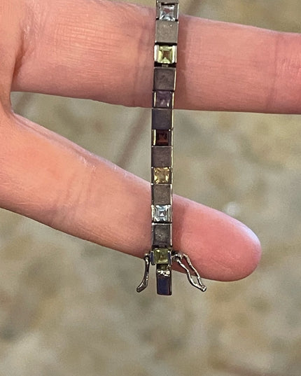 Vintage Multi Gemstone Sterling silver 925 Box chain tennis bracelet DBJ