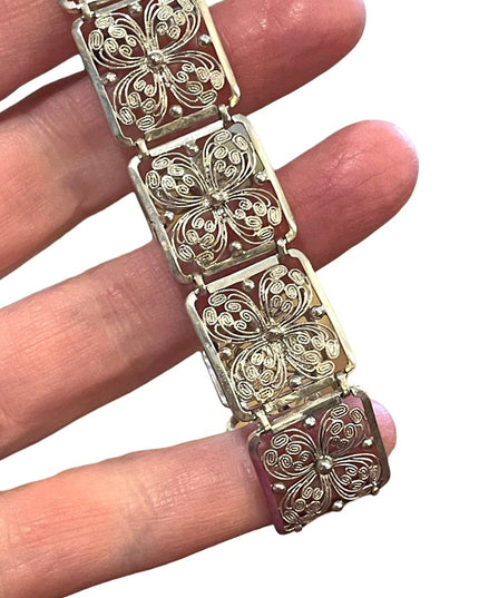 1940s RARE Alice Caviness Filigree flower wire work Sterling silver 925 bracelet