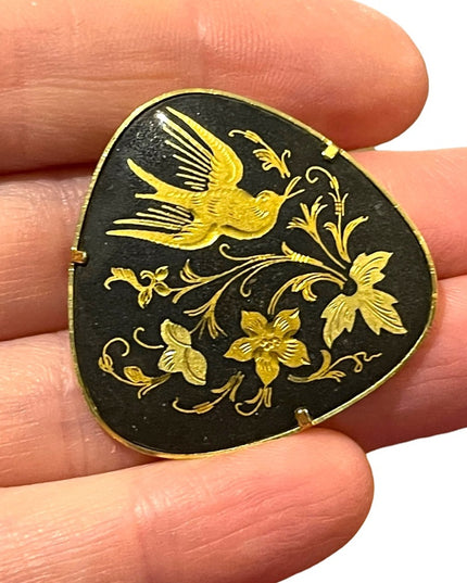 Vintage Damascene Spain Gold plated bird brooch