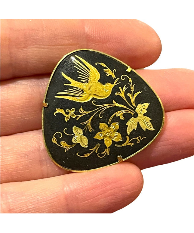 Vintage Damascene Spain Gold plated bird brooch