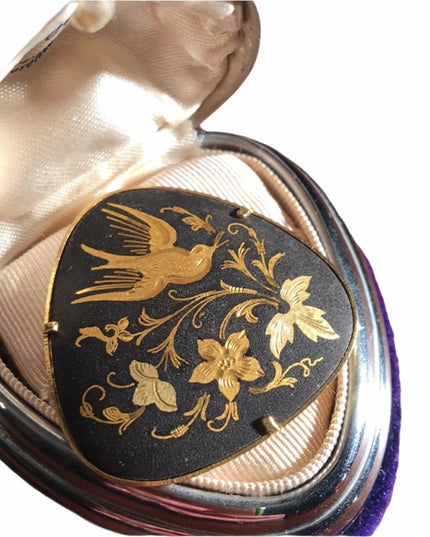 Vintage Damascene Spain Gold plated bird brooch