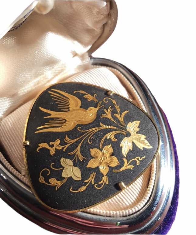 Vintage Damascene Spain Gold plated bird brooch