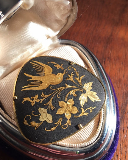 Vintage Damascene Spain Gold plated bird brooch