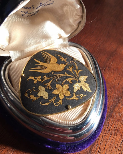 Vintage Damascene Spain Gold plated bird brooch