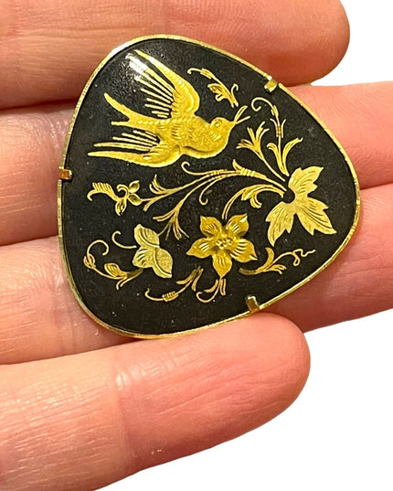 Vintage Damascene Spain Gold plated bird brooch