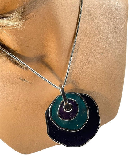 Vintage 1980s Silver finish Purple & teal abstract disk chunky necklace