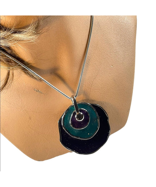 Vintage 1980s Silver finish Purple & teal abstract disk chunky necklace