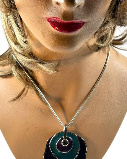 Vintage 1980s Silver finish Purple & teal abstract disk chunky necklace