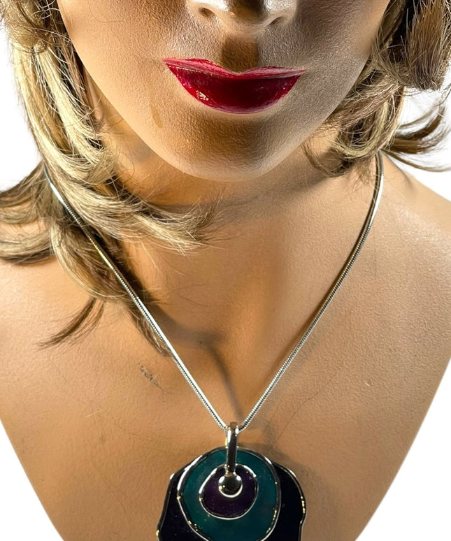 Vintage 1980s Silver finish Purple & teal abstract disk chunky necklace
