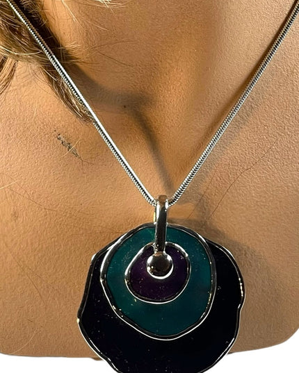 Vintage 1980s Silver finish Purple & teal abstract disk chunky necklace
