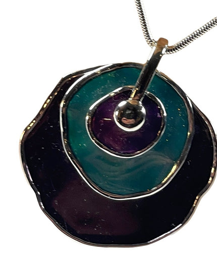Vintage 1980s Silver finish Purple & teal abstract disk chunky necklace