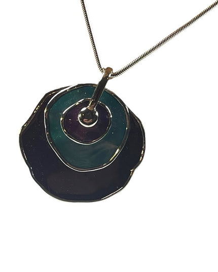 Vintage 1980s Silver finish Purple & teal abstract disk chunky necklace