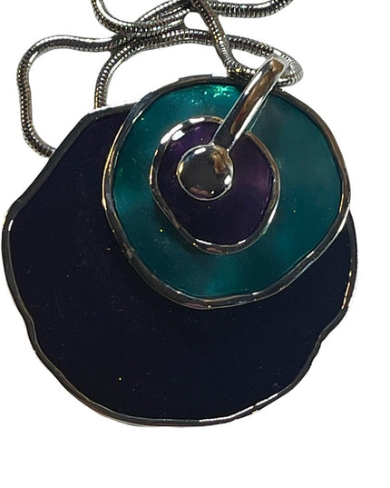 Vintage 1980s Silver finish Purple & teal abstract disk chunky necklace