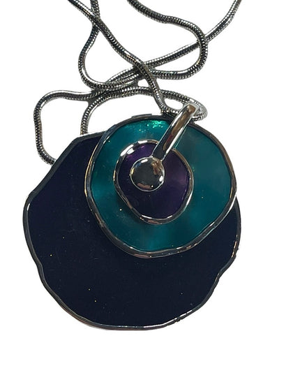 Vintage 1980s Silver finish Purple & teal abstract disk chunky necklace